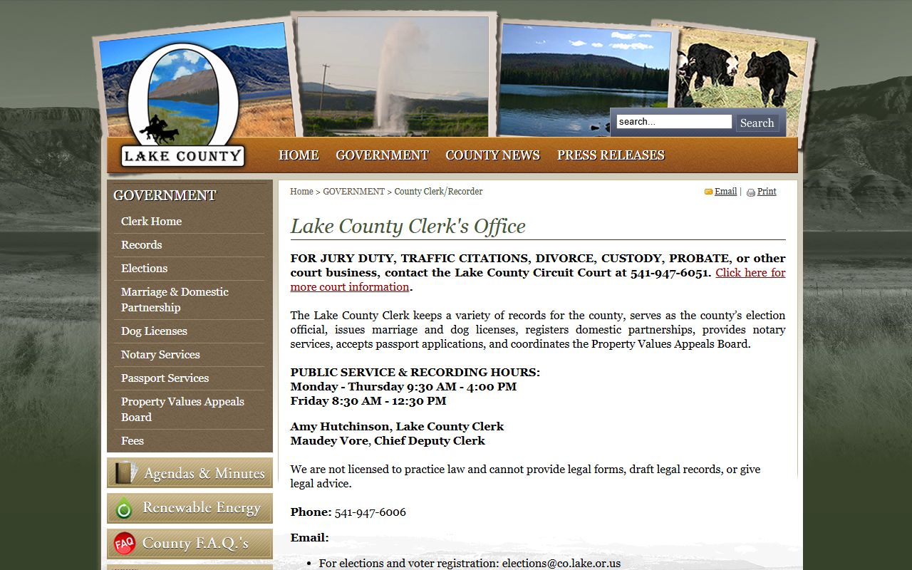 Lake County County Clerk Recorder records page with contact information