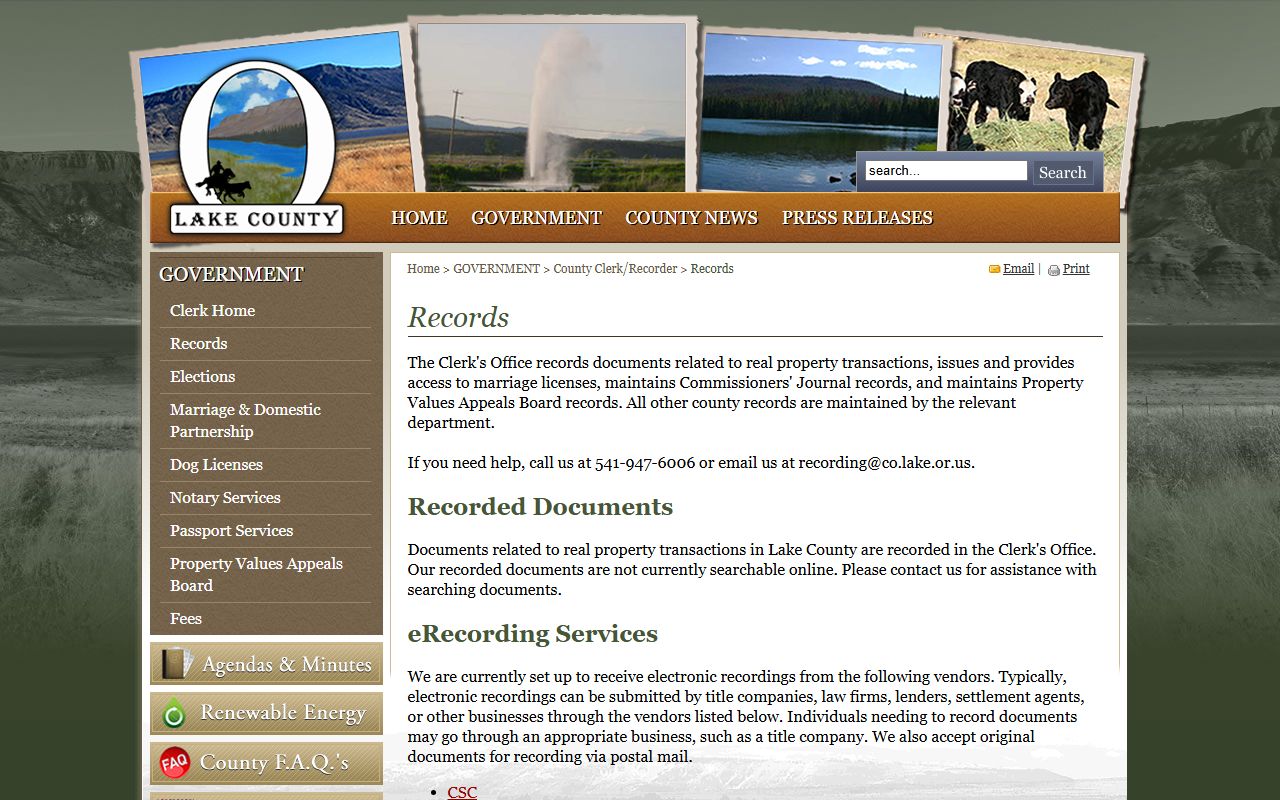 Lake County County Clerk Recorder records page showing no online recorded document search