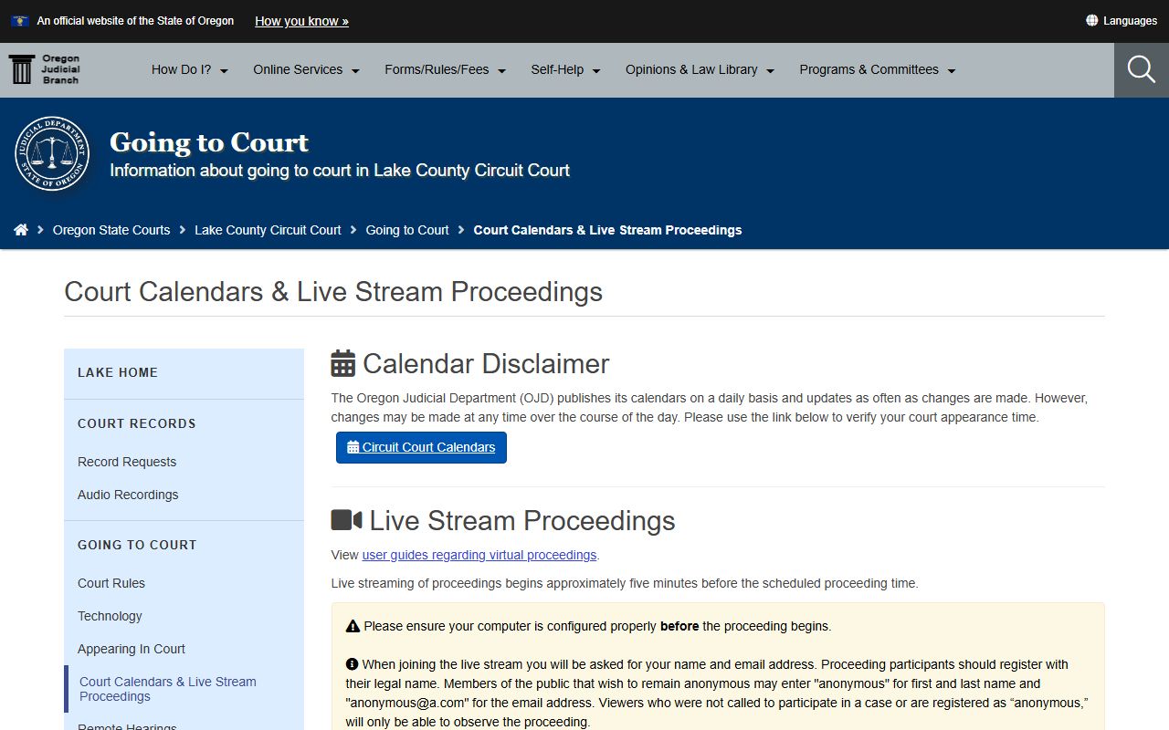 Lake County court dockets calendar and live stream page