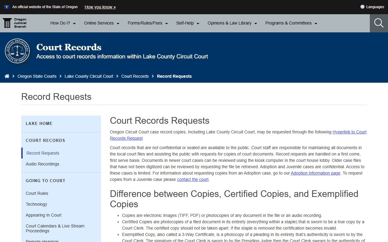 Lake County court records request page for copies and certified records