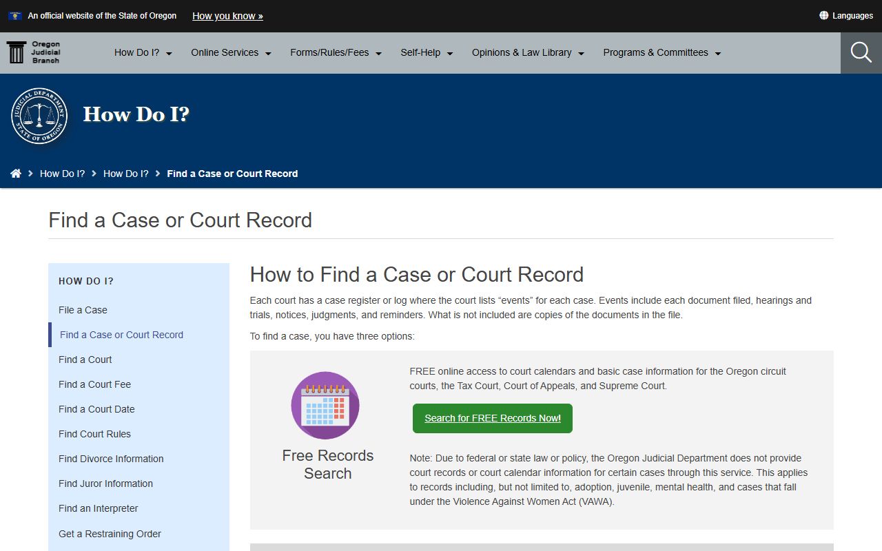 Lake County court records search options on the Oregon find a case page