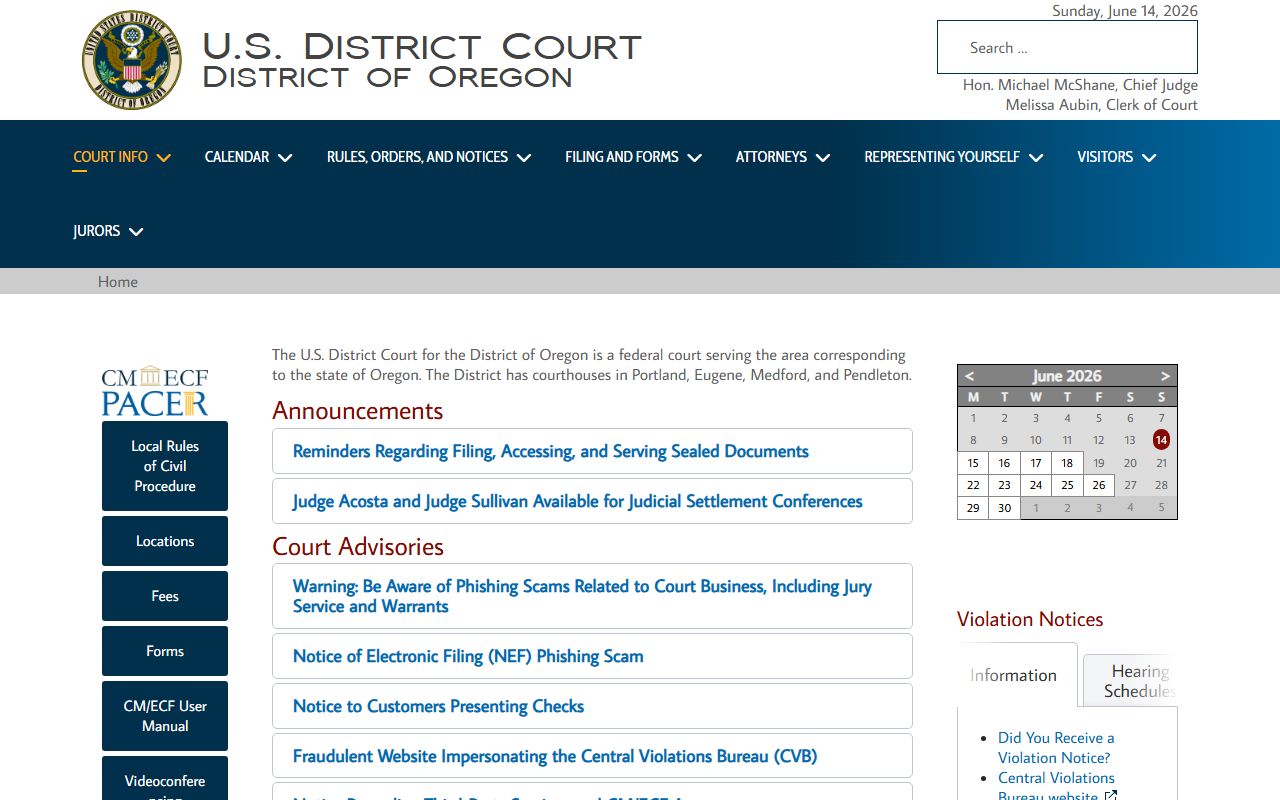 Lake County federal court records U.S. District Court for Oregon homepage
