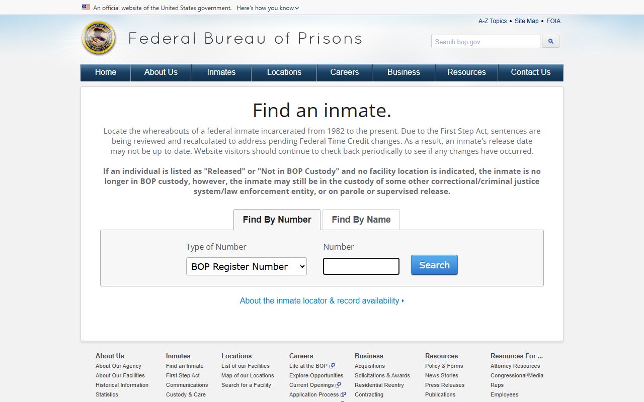 Lake County inmate search federal BOP inmate locator landing page