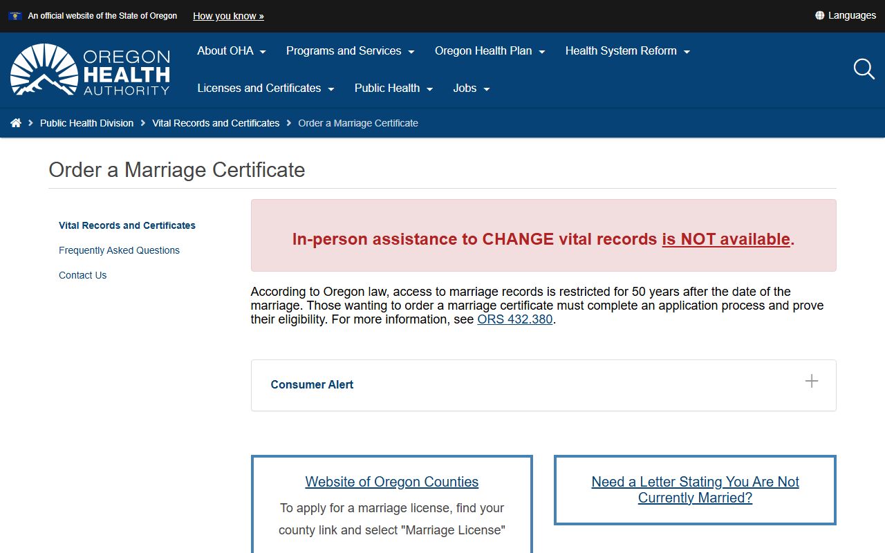 Lake County marriage divorce records Oregon marriage certificate ordering page