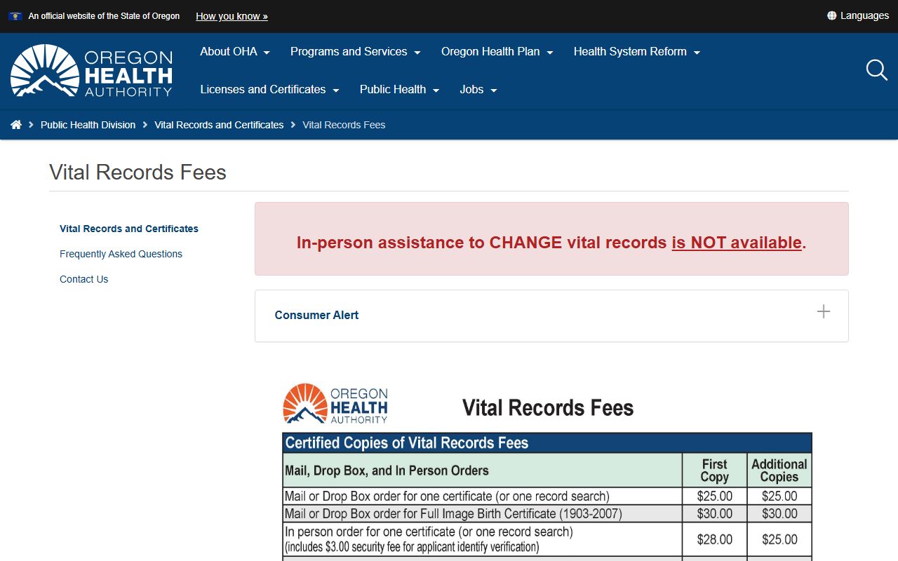 Lake County marriage divorce records Oregon Vital Records fee page