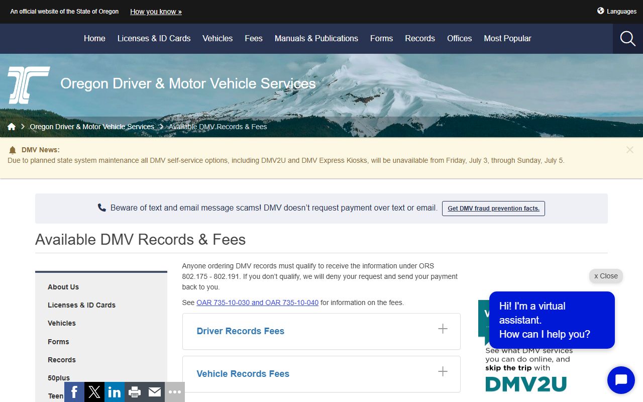 Lake County traffic court records Oregon DMV available record fees