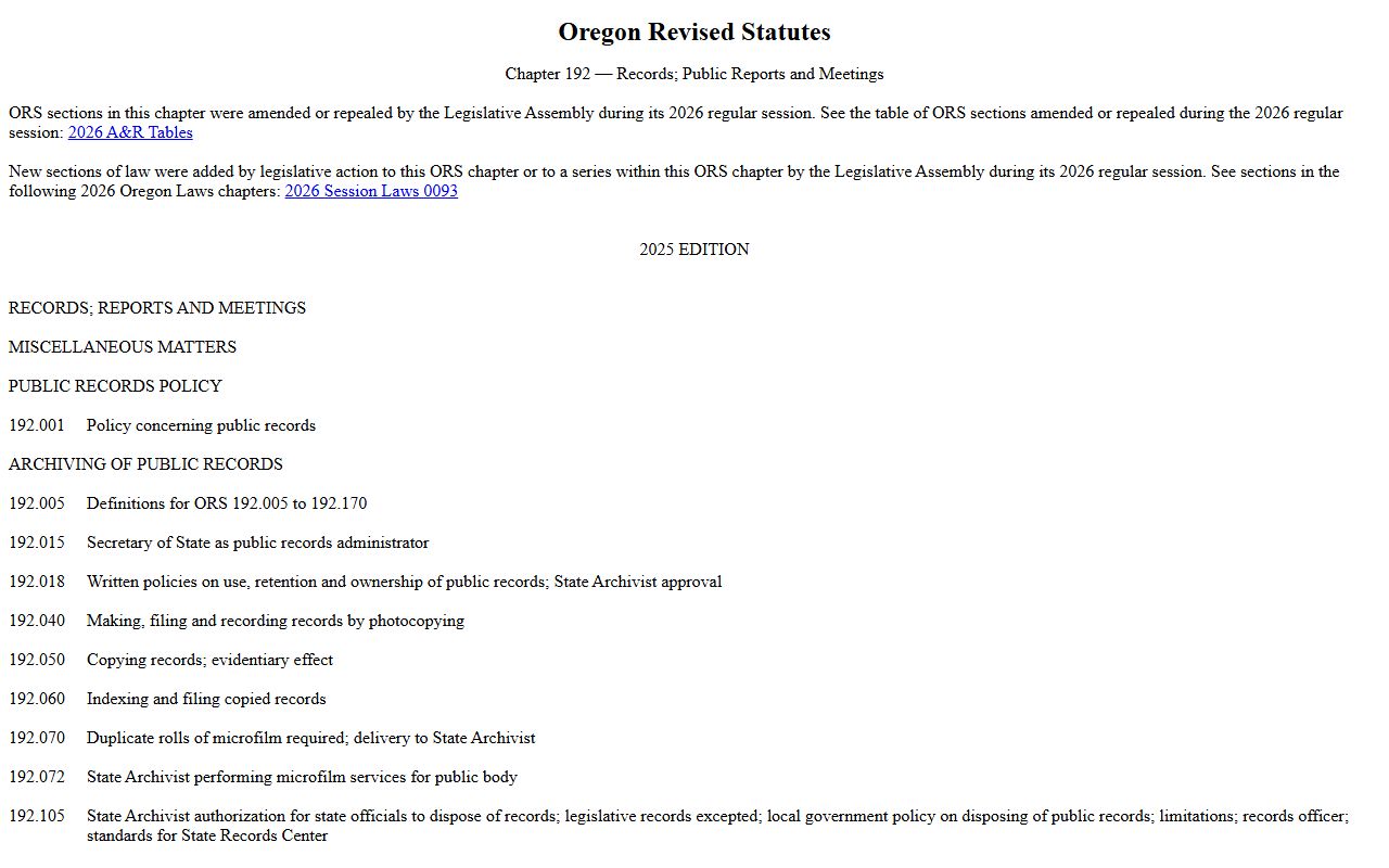 Lake County warrant records Oregon Revised Statutes Chapter 192